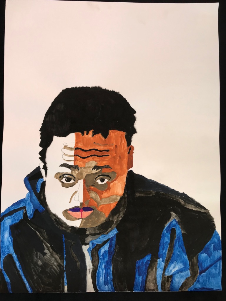 Abstract watercolor self-portrait of Malcolm Corley in one of his favorite zippered jackets.